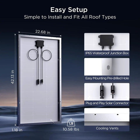 Back view of Two Pack 200W Solar Panels Kit with size dimensions, IP65 junction box, and mounting features.