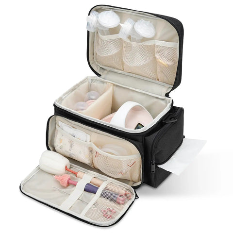 Breast Pump Travel Bag With Water-Resistant Mat And Removable Divider, Large capacity carrying case displaying organized compartments.
