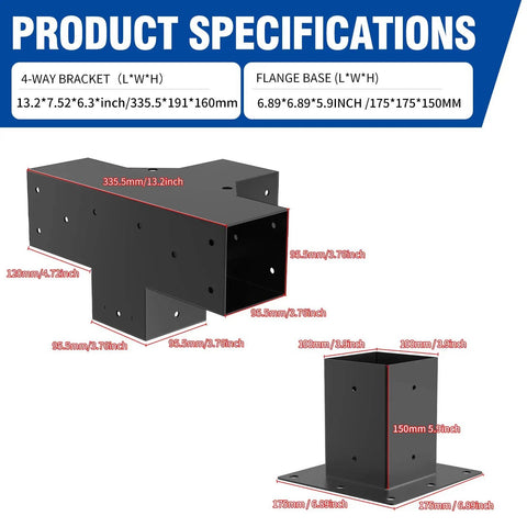 Heavy Duty Pergola Brackets For 4x4 Lumber, Black Powder Coated Steel 4 Way Kit with dimensions and specifications.
