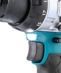 Close-up of 18V LXT Brushless Compact Hammer Drill Driver One Half Inch Cordless Tool Only, 970 Inch Pounds Max Torque, Longer Run Time Per Charge, Built For Pros And DIYers showing LED light and grip.