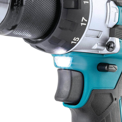 Close-up of 18V LXT Brushless Compact Hammer Drill Driver One Half Inch Cordless Tool Only, 970 Inch Pounds Max Torque, Longer Run Time Per Charge, Built For Pros And DIYers showing LED light and grip.