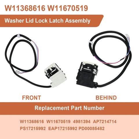 Washer Lid Lock Latch Assembly Replacement For Whirlpool And Maytag Works With MVW4505MW0 MVW4505MW1 MVW4505MW2 MVW5035MW1 MVW5035MW2 MVW5430MW1 MVW5430MW2 MVW5430PBK0 MVW5430PBK1 MVW5435PBK0, front and back view