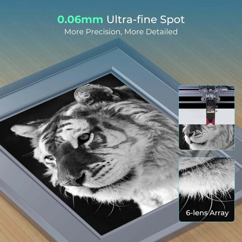 Front view of Creality Falcon 10W laser engraver showing tiger image on engraving bed.