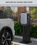 Rock Solid Universal EV Charger Mounting Post With Heavy Duty Freestanding Pole Stand Built Different From Galvanized Steel Wobble Free Setup in rain with vehicle.