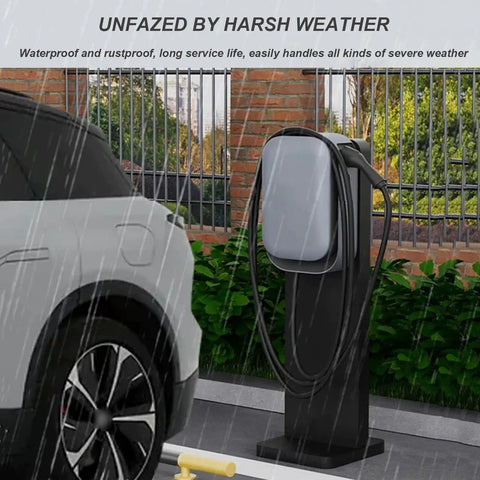 Rock Solid Universal EV Charger Mounting Post With Heavy Duty Freestanding Pole Stand Built Different From Galvanized Steel Wobble Free Setup in rain with vehicle.