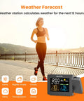Projection Alarm Clock With Weather Station And Wireless Indoor Outdoor Thermometer For Bedroom Temperature Humidity Monitor Hygrometer Red Ceiling Projection Easy To Read Night Stand Clock shown next to a jogging woman outdoors.