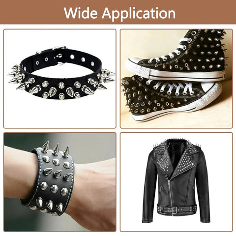 Image showing 100 Piece Zinc Alloy Spikes And Studs Kit With Screw Back Rivets in use on dog collar, sneakers, wristband, and jacket.