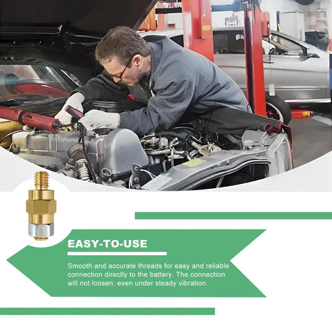 Mechanic installing Heavy Duty Solid Brass Side Post Battery Terminal Extender Studs With Brass Jam Nuts in vehicle engine bay.