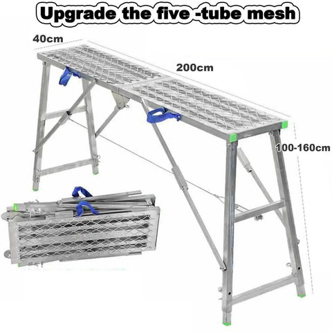 Heavy Duty Foldable Scaffold Ladder With Sure Footing Steps Adjustable Height Work Platform Tower Stool Built Like A Tank For Welding And Crew Jobs Rated Eight Eighty Pounds, showing adjustable height and folding design.