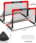 2 Pack 4 By 3 Foot Pop Up Soccer Goals For Backyard And Indoor Play Kids Youth And Adult Training Equipment Portable Nets With Ground Nails And Carry Bag Gift For Ages 3 To 16, showing two red and black goals with carry bag and ground nails