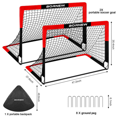 2 Pack 4 By 3 Foot Pop Up Soccer Goals For Backyard And Indoor Play Kids Youth And Adult Training Equipment Portable Nets With Ground Nails And Carry Bag Gift For Ages 3 To 16, showing two red and black goals with carry bag and ground nails