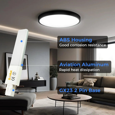 Lit modern room with Two Pack 6W GX23 2 Pin LED PL Retrofit Lamp Replacement For 13W GX23d CFL next to ceiling light.