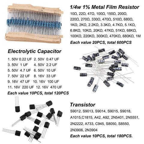 Massive 1400Pcs Electronics Component Assortment Kit for DIY Projects Featuring resistors, capacitors, and transistors displayed