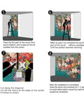 Installation steps for Pink Peony Floral Wallpaper Mural. Shows four steps to apply, align panels, and finish the fabric mural.