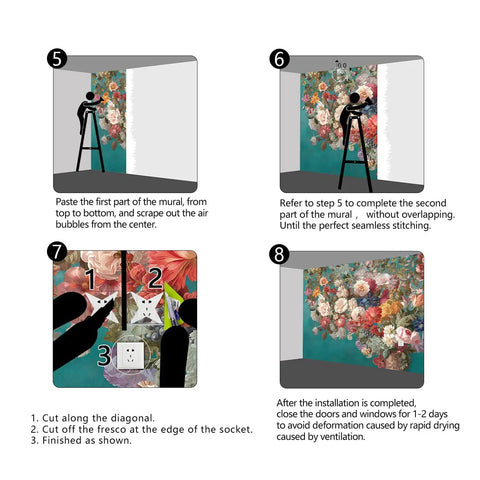 Installation steps for Pink Peony Floral Wallpaper Mural. Shows four steps to apply, align panels, and finish the fabric mural.