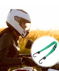 Lightweight Adjustable Helmet Net Strap With Elastic Nylon And Rubber For Travel And Electric Bike Use, showcased on a motorcycle ride