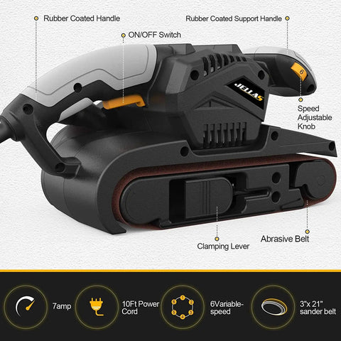 7 Amp Handheld Belt Sander With 3 x 21 Inch Belts, Dust Bag, And Beast Mode Variable Speed 120 To 400 RPM For Woodworking, side view