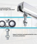 Four Wheel Trolley Assembly for Box Rail Hanger System with silent stable rollers, M12 bolts, shown installed on strut channel