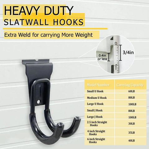 Heavy Duty Slatwall Hooks 22 Pack Set With Multi Size U And J Hooks for ladders, bikes, garage and garden tools, ProSlat compatible