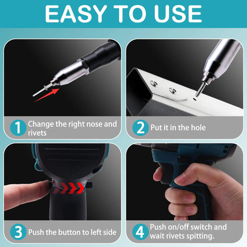 SignalSparkle Brushless Cordless Rivet Gun 21V With Two Batteries, instructional use guide with steps for metal fastening.