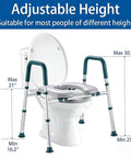 Straight Up Raised Toilet Seat With Cozy Padded Handles And Adjustable Height For Seniors Hefty 400 Pound Capacity secure elevated riser beside a toilet with adjustable height measurements.
