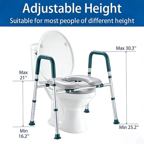 Straight Up Raised Toilet Seat With Cozy Padded Handles And Adjustable Height For Seniors Hefty 400 Pound Capacity secure elevated riser beside a toilet with adjustable height measurements.