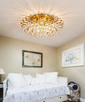 4 Light Crystal Chandelier Modern Semi Flush Mount Ceiling Light Fixture Gold Finish Round 17.9 Inch Diameter Crystal Tube in bedroom