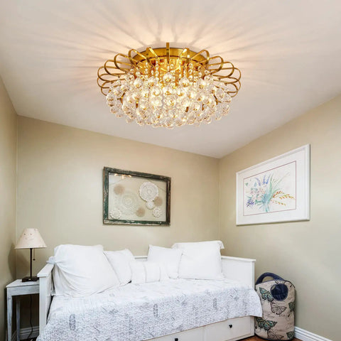 4 Light Crystal Chandelier Modern Semi Flush Mount Ceiling Light Fixture Gold Finish Round 17.9 Inch Diameter Crystal Tube in bedroom