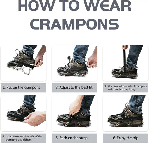 Guide on how to wear Beefy Ice Cleats Snow Grips With 19 Stainless Steel Spikes, illustrating fitting on shoes for ice traction