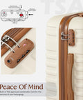Coolife 3-piece white softside luggage set with brown trim, front view with built-in TSA lock on zippers
