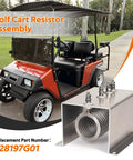 Golf cart resistor assembly with metal housing, coil, mounting flange, and terminal studs, shown beside a red golf cart.