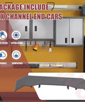 4 Pack Channel End Caps For Gladiator Track System displayed in a garage setting with cabinets and rail install