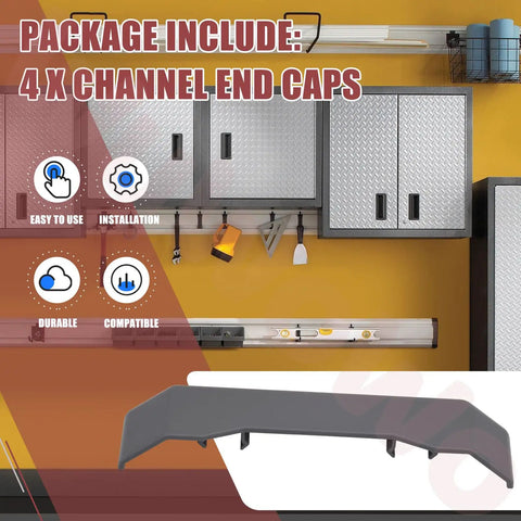 4 Pack Channel End Caps For Gladiator Track System displayed in a garage setting with cabinets and rail install