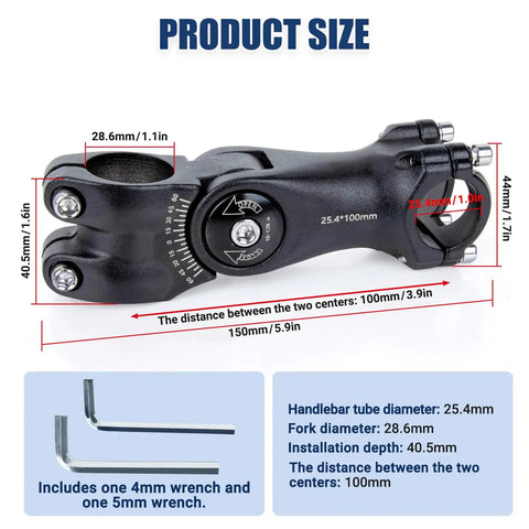 Product size details for Adjustable Bike Stem For 25.4mm Handlebars And 28.6mm Forks, 100mm Center Length, Aluminum Riser