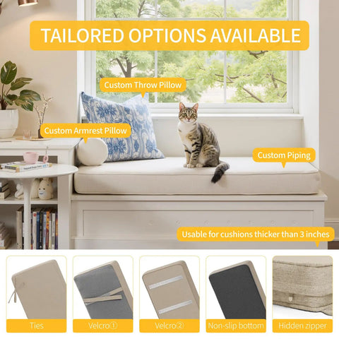 Custom Bench Cushions With Fabric Color And Size Options Non Slip Waterproof High Density Foam Piping Trim displayed on a window seat