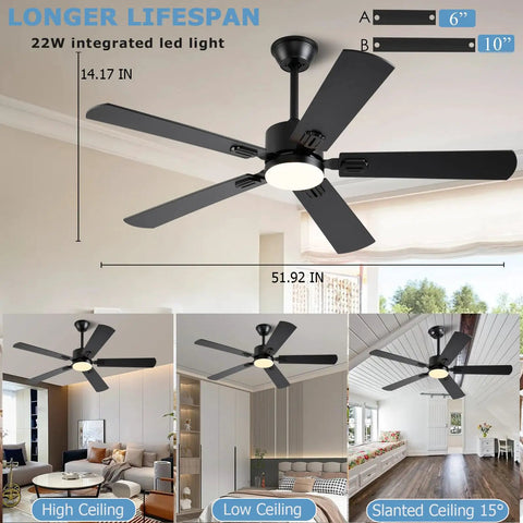 52 Inch Modern Ceiling Fan With Lights App Remote Control Low Profile Reversible DC Motor 6 Speeds For Indoor Outdoor Patio Bedroom Living Room Black Whisper Quiet Operation shown installed in various room settings.