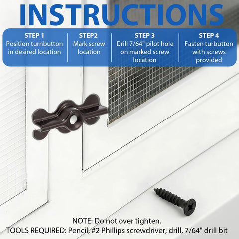 Instructions for installing Rock Solid Black Double Wing Flush Mounting Clips With Phillips Screws 24 Piece Kit on a window.