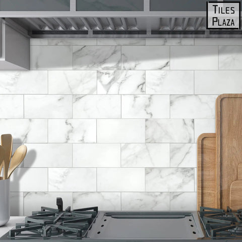 10 Sheet Subway Peel And Stick Backsplash Tiles 12 By 12 Carrara White Marble Look Self Adhesive Wall Tiles in modern kitchen setup