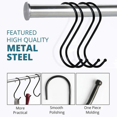 30 Pack Heavy Duty Black S Hooks 3.5 Inch Large S Shaped Metal Hanging Hooks For Kitchen Utensils Pots Pans Towels Bags Jeans Plants And More Carbon Steel Durable Organization Gear hanging on a rod, close-up view