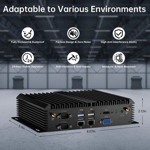 Beat The Heat Industrial Fanless Mini Pc With Intel Core I3 8130U Chips showing ports and features in a warehouse setting.