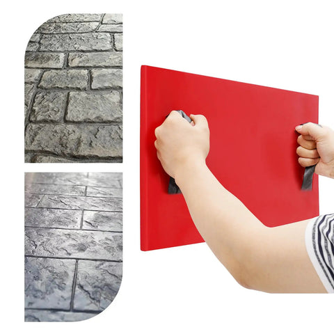 Person holding the Lightweight Workhorse PU Concrete Stamp Mat With Handy Handles For Seamless Floor And Wall Stamping, 27.5x15.7x0.8 inches.