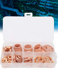 120 Piece Premium Red Copper Washers Assortment Kit Includes Tough Flat Gaskets For Sealing Oil Pan Plugs Fuel Lines Hydraulic Connections With Storage Box Organizer For Easy Access And High Thermal Conductivity Works Wicked Well Under Pressure, open case