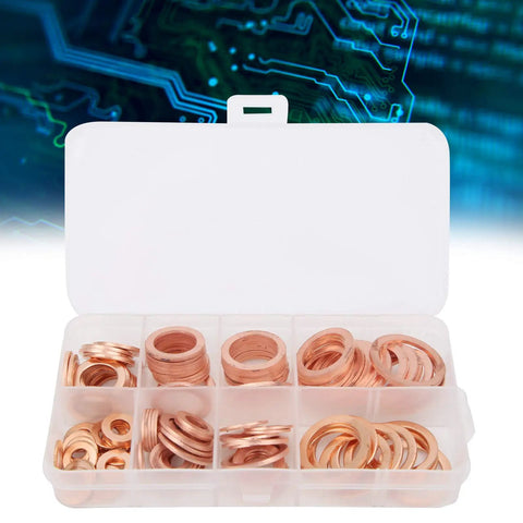 120 Piece Premium Red Copper Washers Assortment Kit Includes Tough Flat Gaskets For Sealing Oil Pan Plugs Fuel Lines Hydraulic Connections With Storage Box Organizer For Easy Access And High Thermal Conductivity Works Wicked Well Under Pressure, open case
