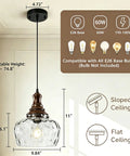 Vintage Glass Pendant Light Kitchen Island with Walnut Wood 9.8in, adjustable height of 39.4in to 74.8in with clear glass shade.