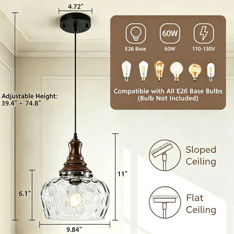 Vintage Glass Pendant Light Kitchen Island with Walnut Wood 9.8in, adjustable height of 39.4in to 74.8in with clear glass shade.