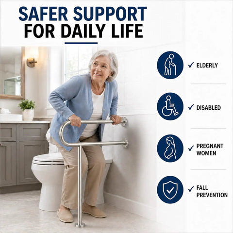 Rock Solid Floor Mounted Toilet Knurled Grab Bar With Leg Heavy Duty Brushed Nickel Stainless Steel Support Handle Bathroom Stand Assist Safety Rail 31 Inch visible with elderly woman using it in bathroom.