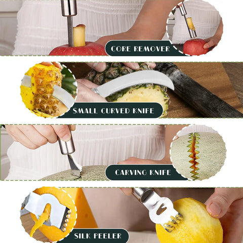 Close-up of 14-Piece Fruit Carving Tools Set In Stainless Steel With Melon Baller, V-Cut, Spiral Cutter, Zester, Wave Knife And Seed Remover