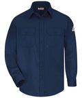 Built Tough Heavy Duty Flame Resistant Work Shirt In Super Comfy Cotton Nylon Blend With NFPA 2112 Approval And HRC2 Arc Flash Rating For Daily Grind Ready Industrial Safety Gear Navy front view.