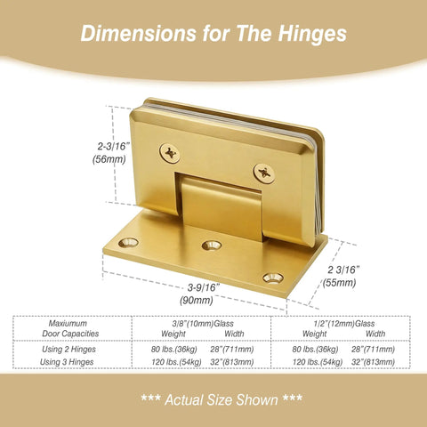 Brass Shower Door Hinge With 90 Degree Offset For Frameless Glass, Wall Mount For 5/16 To 1/2 Inch Tempered Glass, Gold Finish