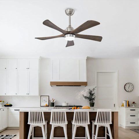 42" 5PCS Solid Wood Blades Ceiling Fan with Lights Remote Control, Nickel installed in a modern kitchen setting.
